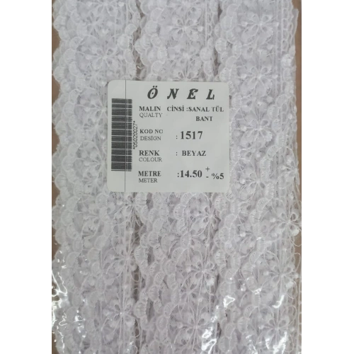 Dantel Polyester Sanal Tül Bant Beyaz 14,50 Metre En 6 Cm On-1517-b