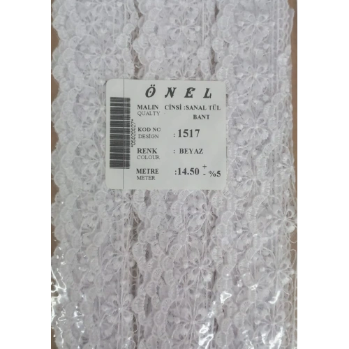 Dantel Polyester Sanal Tül Bant Beyaz 14,50 Metre En 6 cm ON-1517-B