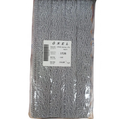 Dantel Polyester Sanal Tül Bant Gri 14,60 Metre En 3 Cm On-1538-g