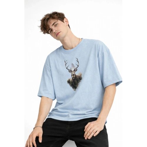 Deer - Oversize Erkek Tişört Bebek Mavisi