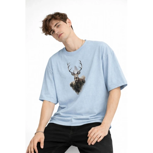 Deer - Oversize Erkek Tişört Bebek Mavisi
