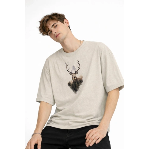 Deer - Oversize Erkek Tişört BEJ