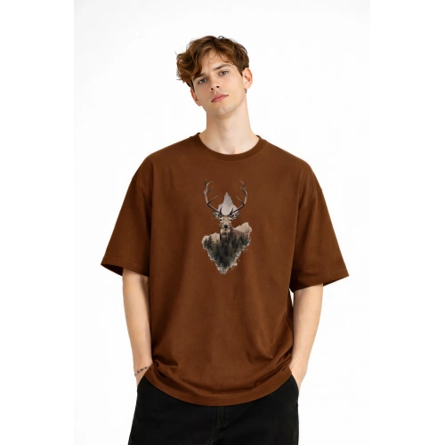 Deer - Oversize Erkek Tişört KAHVE