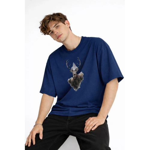 Deer - Oversize Erkek Tişört Koyu Mavi