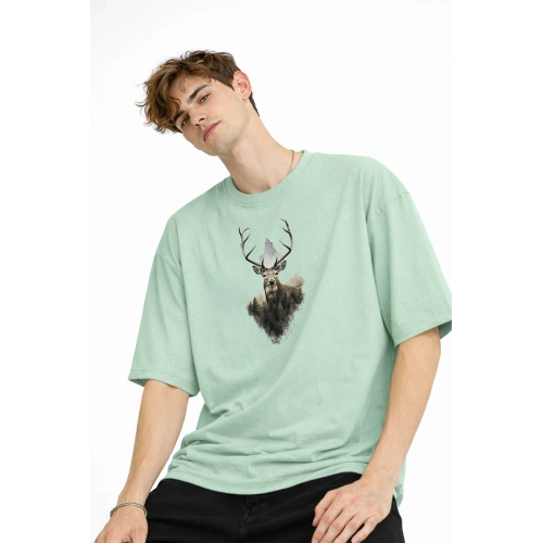 Deer - Oversize Erkek Tişört SU YESILI