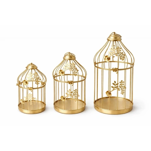 Dekoratif Gold Metal 3lü Kafes Mumluk Seti