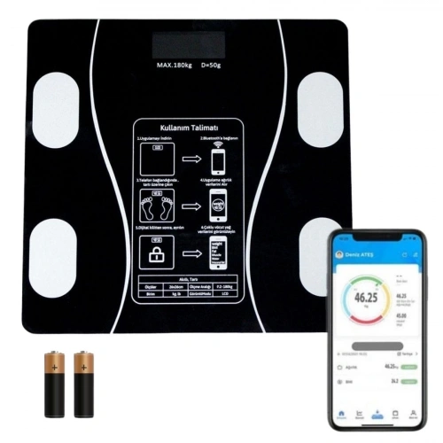 Dijital Baskül Yağ Ölçer Fonksiyonlu Akıllı Baskül Bluetooth Bağlantılı Tartı (5365)