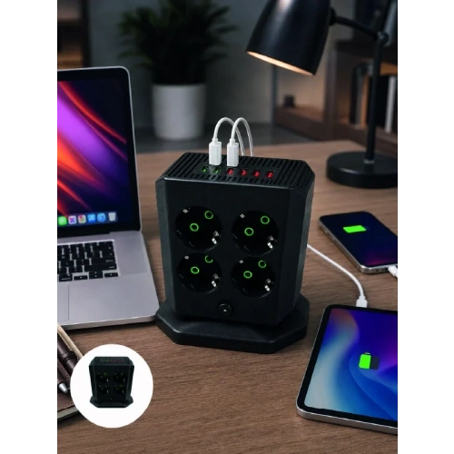 Dikey Priz Kulesi 8 Çıkışlı 4 Usb Type-c Anahtarlı