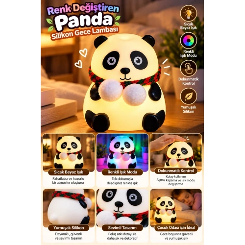 Dokunmatik Kontrollü Renkli Panda Gece Lambası 1 Adet