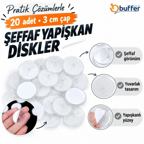 Durukar® 20 Adet Şeffaf Yuvarlak 3 Cm Çaplı Güçlü Disk Yapışkanlar