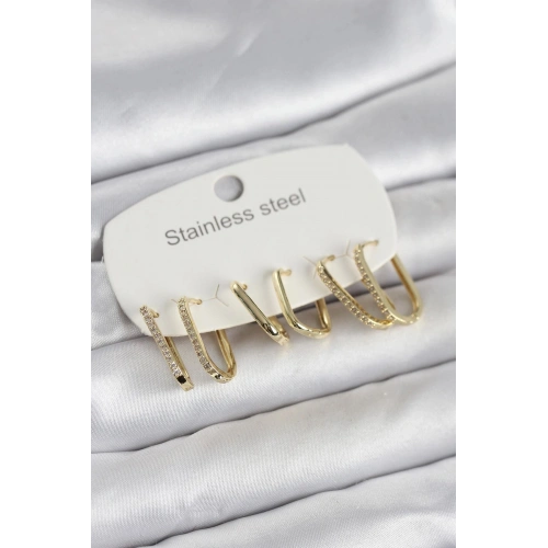 Durukar® 316L Çelik Gold Renk 6lı Set Geometrik Model Kadın Küpe