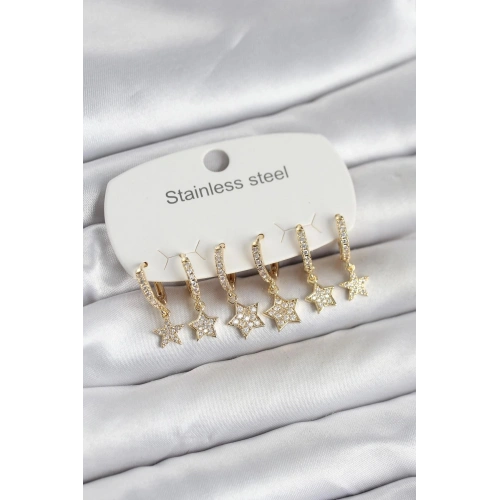 Durukar® 316L Çelik Gold Renk 6lı Set Yıldız Model Kadın Küpe