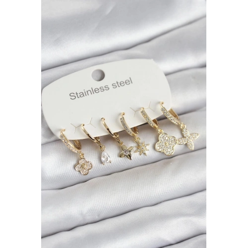 Durukar® 316L Çelik Gold Renk 6lı Set Yonca Model Kadın Küpe