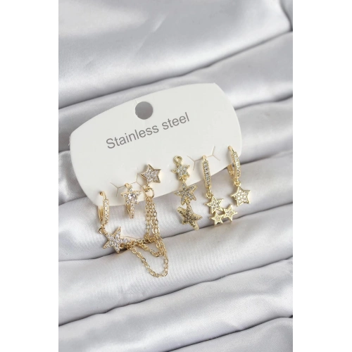 Durukar® 316L Çelik Gold Renk 6lı Set Zincirli Yıldız Modelli Kadın Küpe