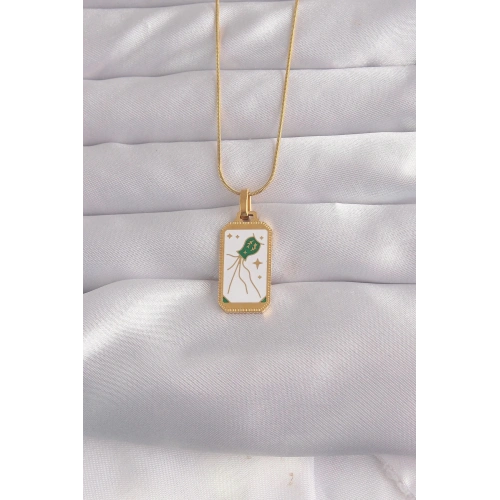 Durukar® 316L Çelik Gold Renk Beyaz Mineli Tarot Kolye