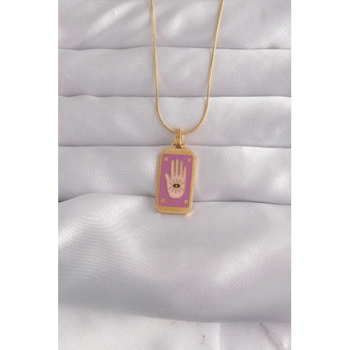 Durukar® 316L Çelik Gold Renk Mor Mineli El Figür Tarot Kolye