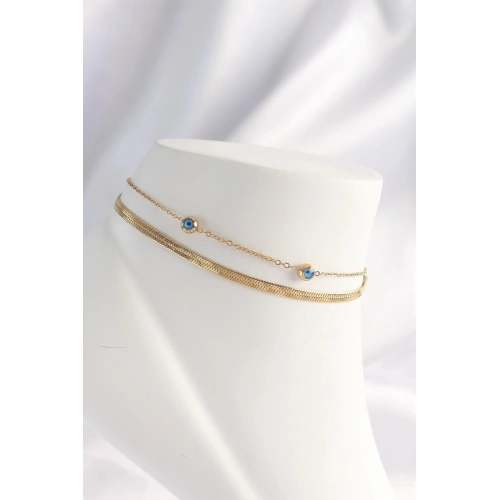 Durukar® 316L Çelik Gold Renk Nazar Boncuk Tasarımlı 2li Halhal