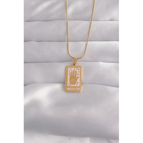 Durukar® 316L Çelik Gold Renk Pembe Mineli El Figür Tarot Kolye