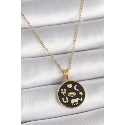 Durukar® 316L Çelik Gold Renk Siyah Şans Kolyesi