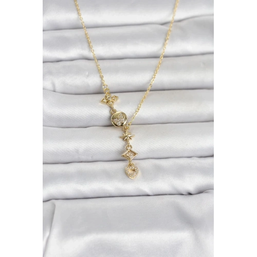 Durukar® 316L Çelik Gold Renk Zirkon Taşlı Y Kadın Kolye