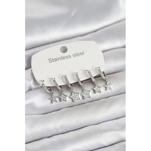 Durukar® 316L Çelik Gümüş Renk 6lı Set Yıldız Model Kadın Küpe