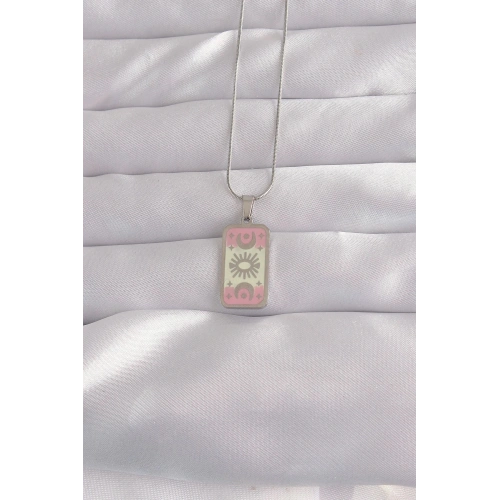 Durukar® 316L Çelik Gümüş Renk Pembe Mineli Ay Figür Tarot Kolye