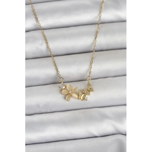 Durukar® 316L Çelik Zincir Gold Renk Çiçek ve Kelebek Model Kadın Kolye