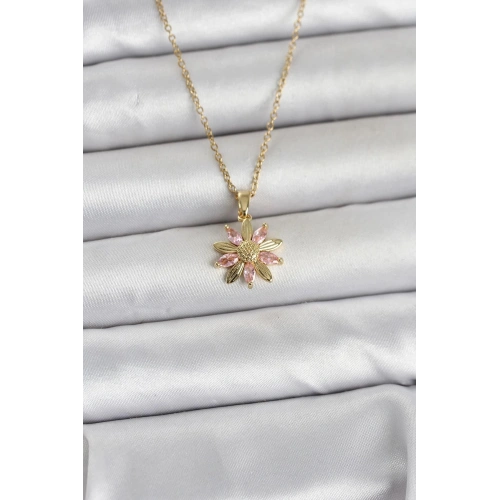 Durukar® 316L Çelik Zincir Gold Renk Pembe Papatya Model Kadın Kolye