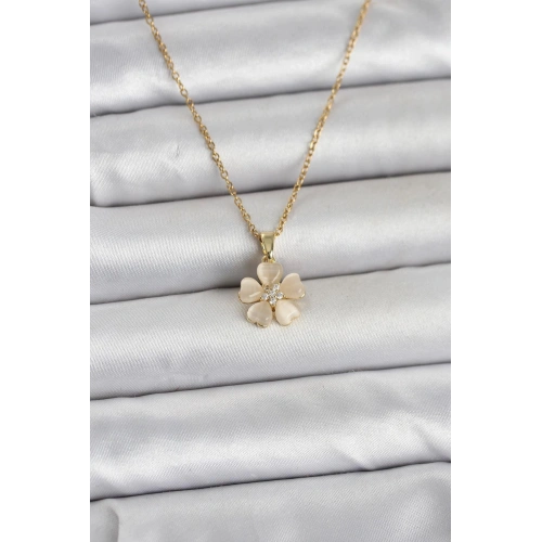 Durukar® 316L Çelik Zincir Gold Renk Yonca Model Kadın Kolye