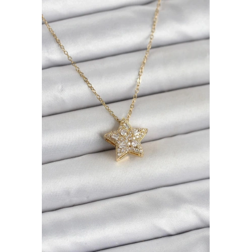 Durukar® 316L Çelik Zincir Gold Renk Zirkon Taşlı Yıldız Model Kadın Kolye