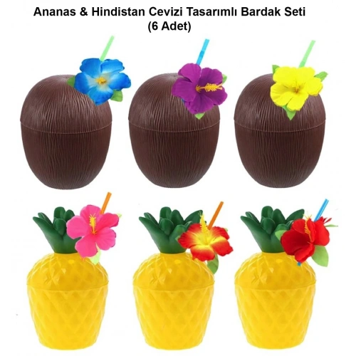 Durukar® Ananas & Hindistan Cevizi Tasarımlı Pipetli Bardak Seti (6 Adet)