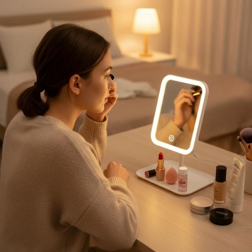 Durukar® Dokunmatik LED Işıklı Kare Makyaj Aynası – Altı Organizer Kaseli, Ayarlanabilir Aydınlatmalı Masaüstü Makyaj ve Cilt Bakım Aynası