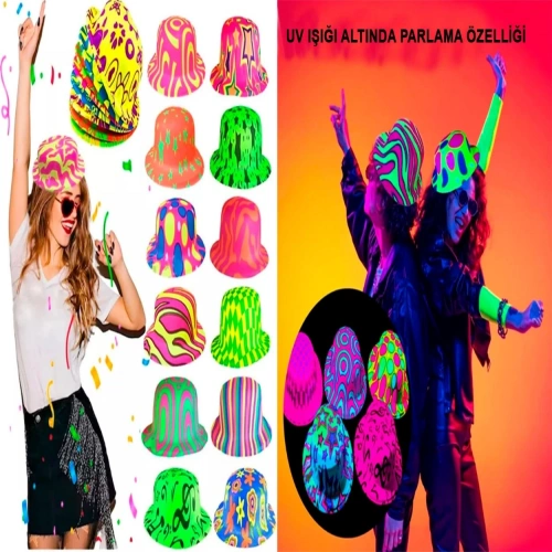Durukar® Farklı Desenlerde Plastik Neon UV Işık Parti Şapkası 1 Adet