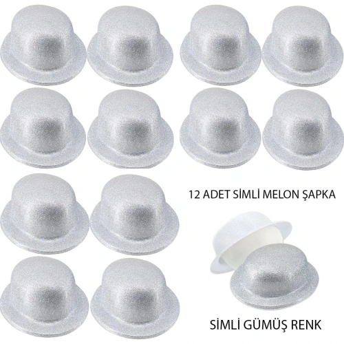 Durukar® Gümüş Renk Simli Melon Yuvarlak Parti Şapkası 12 Adet