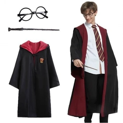 Durukar® Harry Potter Gryffindor Kapişonlu Çocuk Kostüm + Asa + Gözlük Seti 5-6 Yaş