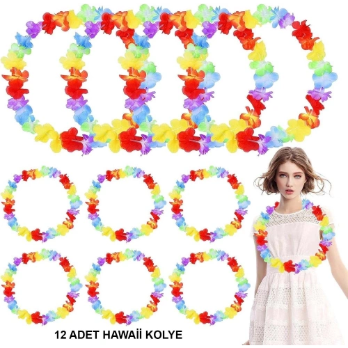 Durukar® Hawaii Çiçekli Boyun Kolyesi - Renkli Tropikal Parti Leisi 12 Adet