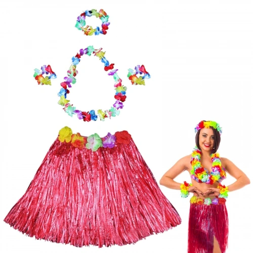 Durukar® Hawaii Dans Kostümü – Kırmızı Hula Etek & Çiçek Kolye Seti