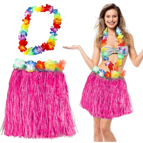 Durukar® Hawaii Luau Aloha Pembe Püsküllü 40 cm Etek ve Hawaii Kolye Seti