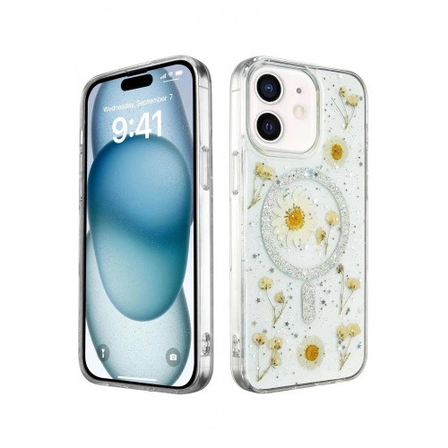 Durukar®  iPhone 12 Kılıf Daisy Simli Magsafe Kapak - Gümüş