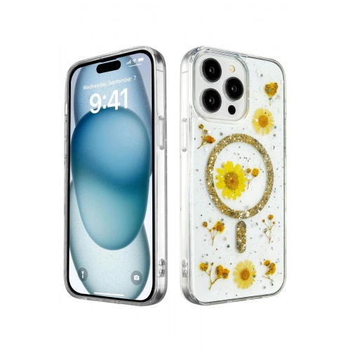 Durukar®  iPhone 14 Pro Kılıf Daisy Simli Magsafe Kapak - Gold