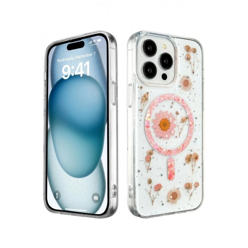 Durukar®  iPhone 14 Pro Kılıf Daisy Simli Magsafe Kapak - Pembe