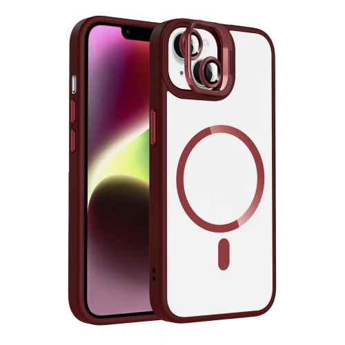 Durukar®   iPhone 14 Remim Lensli Magsafe Standlı Kapak - Bordo