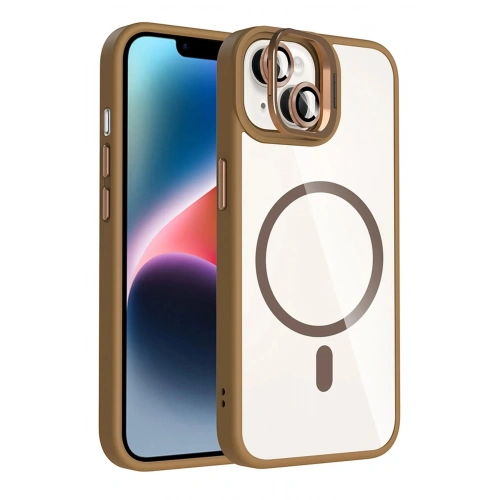 Durukar®   iPhone 14 Remim Lensli Magsafe Standlı Kapak - Kahverengi