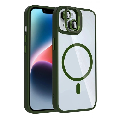Durukar®   iPhone 14 Remim Lensli Magsafe Standlı Kapak - Koyu Yeşil