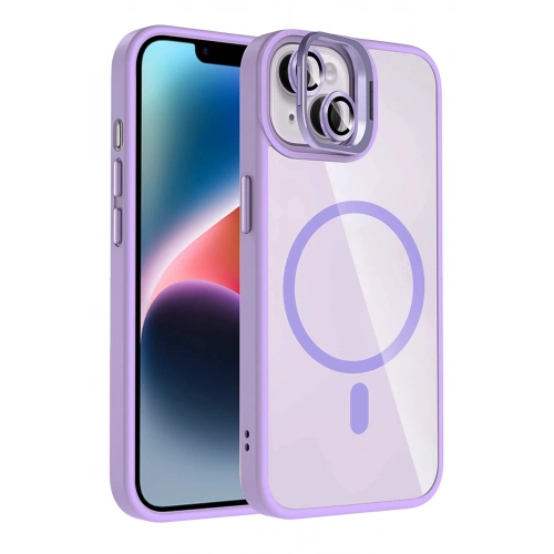 Durukar®   iPhone 14 Remim Lensli Magsafe Standlı Kapak - Lila
