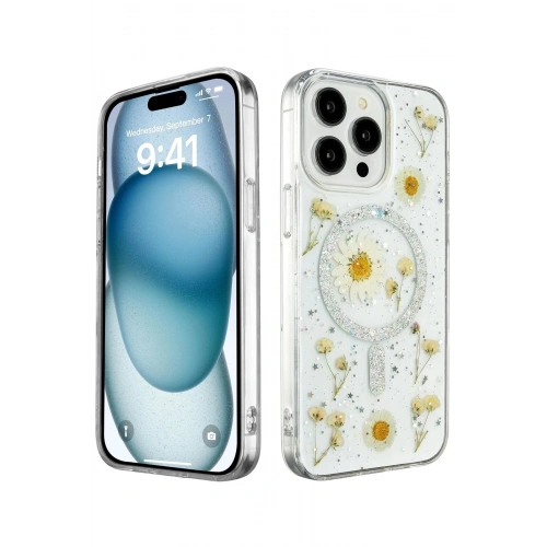 Durukar®  iPhone 15 Pro Kılıf Daisy Simli Magsafe Kapak - Gümüş