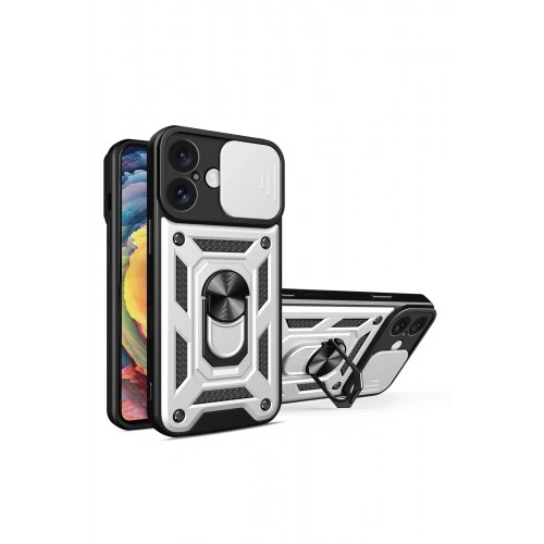 Durukar®  iPhone 16 Kılıf Pars Lens Yüzüklü Silikon - Gümüş