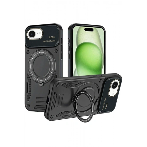 Durukar®  iPhone 16E Kılıf Joy Lens Standlı Kapak - Siyah