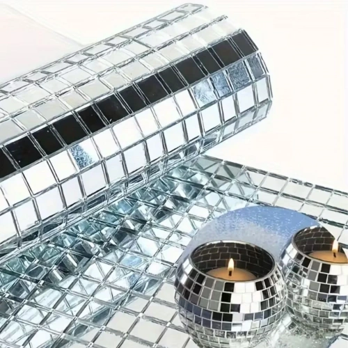 Durukar® Kare Silver Cam Mozaik Fayans Çıkartmaları El İşi Kare Cam Fayans Kendinden Yapışkanlı Aynalı Dekor Panel 30x30 Cm