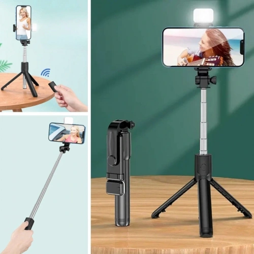 Durukar® Kendiliğinden Işıklı Masaüstü Tripod Olabilen Telefon Tutuculu Kablosuz Kumandalı Selfie Çubuğu